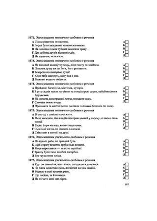 1072. Односкладним неозначено-особовим є речення
А Сонця решетом не вхопиш.
Б Город було засаджено всякою всячиною.
В На полянах поміж дубами викосили траву.
Г Для добрих друзів відчиняю дім.
Д Не зоравши, не посієш.
1073. Односкладним неозначено-особовим є речення
А Не виливай каламутну воду, доки чисту не знайдеш.
Б Пошлем душу аж до Бога, його розпитати.
В Зачерствілі очищуймо душі!
Г Коли тебе шанують, шануйся й сам.
Д В океані води не зміряєш.
1074. Односкладним неозначено-особовим є речення
А Пройдено багато сіл, містечок, хуторів.
Б 3 усіх садків пахло нагрітою на сонці корою дерев, набубнявілими
бруньками.
В Як парость виноградної лорзи, плекайте мову.
Г Сльозам немає влади.
Д Продавали за маєтки волю, засівали головами безголів по полю.
1075. Односкладним неозначено-особовим є речення
А В злагоді з совістю хочу жити.
Б Мені закидали, що я надто несправедливий у своєму до нього став-
ленні.
В Гарно і при місяцю, коли сонця немає.
Г Сьогодні чогось не спалося хлопцеві.
Д Світлішає в житті і на душі.
1076. Односкладним узагальнено-особовим є речення
А По правді роби, по правді й буде.
Б Щоб спрагу вгасити, треба води попити.
В Море перепливти — не поле перейти!
Г Зранку було тихо на обох пагорбах.
Д Без труда нема плода.
1077. Односкладним узагальнено-особовим є речення
А Кругом гомоніли, вешталися, лагодилися до чогось.
Б Не бійся досвітньої мли, досвітній вогонь запали.
В Весною в селі встають рано.
Г Що посієш, те й пожнеш.
Д Не злічити мені цих зірок.
 