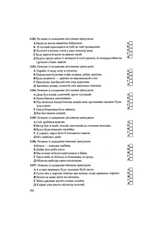 1102. Речення зі складеним дієслівним присудком
А Надія не могла лишатись байдужою. А
Б Я готовий відповідати за тебе як твій громадянин. Б
В Хотіла б я піснею стати у сюю хвилину ясну. в
Г Буду мріяти й жити на крилах надій. ^
Д Будуть груди пекти ті залишені в полі гранати, те покидця війни на Д
грузьких слідах череди.
1103. Речення зі складеним дієслівним присудком
А Україні, її люду хочу я служити. А
Б Перепелиха була вже стара людина, добра, жалісна. Б
В Бути людиною — дертись по вертикальній стіні. В
Г Непомітно для батьків син став дорослим. г
Д Закінчено жнива, останній сніп накошено пшениці. Д
1104. Речення зі складеним дієслівним присудком
А День був ясний, сонячний, проте холодний. А
Б Земля бралась ожеледицею. Б
В Під натиском Багратіонових вояків лави противника змушені були В
Г
відступати.
Г Олеся Кирилівна була зайнята. Д
Д Він був неначе сонний.
1105. Речення зі складеним дієслівним присудком
А Сніг зробився жовтим. А
Б Вечір був м'який, теплий, настояний на степових пахощах. Б
В Бухта була відносно спокійна. В
Г А справді, варто було б поплавати човном. ^
Д Ніч здавалась днем. Д
* •
1106. Речення зі складеним іменним присудком
А Книги — морська глибина. А
Б Добре діло роби сміло. Б
В Ми хочемо поїхати відпочивати в Крим. В
Г Чисте небо не боїться ні блискавки, ні грому. Г
Д Обличчя майстра сяяло посмішкою. Д
1107. Речення зі складеним іменним присудком
А А я таки мережить буду тихенько білії листи. А
Б Густа тінь у воротах повітки при ясному сонці здавалась чорною. Б
В Поезія не може жити на смітнику.
Г Жити щасливо мусить кожна людина. ^
Д Я вірші став писать під вечір золотий. Д
В
202
 