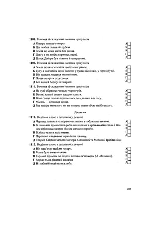 1108. Речення зі складеним іменним присудком
А Я щиру правду говорю. А[
Б Дід любив спати під дубом. Б =
В Земля не може жити без сонця. В =
Г Довго я не хотіла коритись весні. Г =
Д Плеск Дніпра був ніжним і невиразним. ^ -
1109. Речення зі складеним іменним присудком
А Земля почала зеленіти тендітною травою. А[
Б Буду я навчатись мови золотої у трави-веснянки, у гори крутої. Б
В Він завжди лишався непомітним. В
Г Почав жевріти схід сонця. ^ :
Д Без води й борщу не звариш. Д -
1110. Речення зі складеним іменним присудком
А На лузі зібралося чимало чорногузів. А[
Б Великі краплі дощем падали з листя. Б
В Ясне сонце почало підніматись десь далеко з-за лісу. В
Г Місяць — козацьке сонце. Г =
Д Без виміру минулого ми не можемо знати обсяг майбутнього. Д -
Додатки
1111. Виділене слово є додатком у реченні
А Черниш дивився на поранених майже з побожною шаною. А
Б Із панських прихвоснів-рабів ми людьми з прізвищами стали і Вго- Б
лос прізвища сказали під зле сичання ворогів. В
В В лісах чулася хода весни. Г
Г Перехожі з подивом зиркали на дівчину. Д
Д Старий Кайдаш загадав звечора Кайдашисі та Мелашці гребти сіно.
1112. Виділене слово є додатком у реченні
А Він пам'ятає шаблю гостру. А
Б Мама була вчителькою. Б
В Гарячий промінь по підлозі котився м'ячиком (А. Малишко). В
Г Блукає тьма лісами і полями г
Д В глибокій воді велика риба. Д
203
 