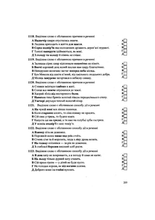 1118. Виділене слово є обставиною причини в реченні
А Надвечір хмари опустились нижче.
Б Людина приходить в життя для щастя.
В Серед подвір'їв над колодязями дрімають дерев'яні журавлі.
Г Тополі навкруги здіймаються, як вежі.
Д 3 голоду та холоду й півень не співає.
1119. Виділене слово є обставиною причини в реченні
А Залишки сірих хмар відпливали непомітно на північ.
Б Вночі хороший дощ ясний послав нам щиру благостиню.
В Непорушно величаво застиг посеред неба місяць.
Г Був Микола від щастя п'яний, від хмільного людського добра.
Д Місяць зажурено загортався в небесну синяву.
1120. Виділене слово є обставиною причини в реченні
А Стежки зміяться глибоко в житі.
Б Сонце все нижче опускалося до землі.
В Хворий зблід від нестерпного болю.
Г Навколо тихо бринів золотий півсон передосіннього степу.
Д Увечері дмухнув теплий вологий вітер.
1121. Виділене слово є обставиною способу дії в реченні
А На чужій ниві все ліпша пшениця.
Б Коли старанно косять, то сіна взимку не просять.
В Сій овес у грязь, то будеш князь
Г Капуста ще на грядці, а ти вже на голубці зуби гостриш.
Д У всякім подвір'ї є своє повір'я.
1122. Виділене слово є обставиною способу дії в реченні
А Взимку літа не доженеш.
Б Порожній колос вище над усіх стоїть.
В Січень січе та й морозить, ґазда з лісу дрова возить.
Г На годину опізнився — за рік не доженеш.
Д 3 глибокої борозни високий хліб росте.
1123. Виділене слово є обставиною способу дії в реченні
А В дощ хату не покривають, а в погоду й сама не капає.
Б На льоду тільки дурний хату ставить.
В Сій просо густо — у дітей не буде пусто.
Г Не голодна корова, як під ногами солома.
Д Доброго коня і в стайні куплять.
 