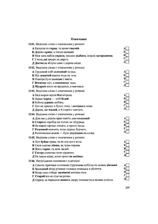 Означення
1141. Виділене слово є означенням у реченні
А Капуста-то гарна, та качан гнилий. А[_
Б Дерево криве, а плоди солодкі. Б
Н Моя хата небом укрита, землею підбита, вітром загороджена. В _
Г 3 вола дві шкури не деруть. Г
Д Достигле яблуко саме з дерева падає. —
1142. Виділене слово є означенням у реченні
А Трудовий хліб солодший за мед. АП
Б Під лежачий камінь вода не тече. Б _
В Повітря було холодне і чисте. В __
Г Вченому світ, а невченому тьма. ^ =
Д Мудрим ніхто не вродився, а навчився. —
1143. Виділене слово є означенням у реченні
А Над морем мріли білі вітрила. А
Б Праця чорна — хліб білий. Б
В Робота дурних любить. В _
Г Хто не працює в будні, тому і вихідного нема. ^ _
Д Дарма, що малий, а й старого навчить. —
1144. Виділене слово є означенням у реченні
А Для нас у ріднім краю навіть дим солодкий*:
Б Старого горобця на полові не обдуриш. Б _
В Не святі горшки ліплять, а прості люди. В ^
Г Розумний МОВЧИТЬ, КОЛИ дурень бурчить. Г ==
Д Розпочалися жнива — будь скупішим на слова.
1145. Виділене слово є означенням у реченні
А Хоч буйна трава, та не для мого вола. А ^
Б Своя солома ліпша, як чужа перина. Б __
В Жито гарне, та день малий. В _
Г Гостре словечко коле сердечко. Г _
Д Не хвали кашу, коли просо не посіяне. —
1146. Неузгоджене означення є в реченні
А Сльози гарячими солоними струмками побігли по щоках дівчини. АП
Б Холодний вітер різкими голками впивався в обличчя. !
Б П
В Вітер тихо гойдає засніжені квітами віти.
Г Старий віл не піде на ріллю. г П
Д Одразу за парканом нашого двору починається велике узлісся. —
209
 