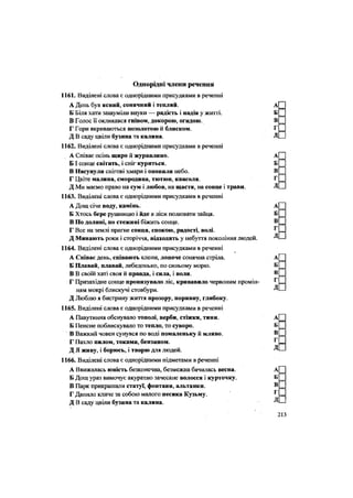 Однорідні члени речення
1161. Виділені слова є однорідними присудками в реченні
А День був ясний, сонячний і теплий.
Б Біля хати зашуміли внуки — радість і надія у житті.
В Голос її окликався гнівом, докорою, огидою.
Г Гори вкриваються позолотою й блиском.
Д В саду цвіли бузина та калина.
1162. Виділені слова є однорідними присудками в реченні
А Співає осінь щиро й журавлино.
БІ сонце світить, і сніг куриться.
В Насунули снігові хмари і оповили небо.
Г Цвіте малина, смородина, тютюн, квасоля.
Д Ми маємо право на сум і любов, на щастя, на сонце і трави.
1163. Виділені слова є однорідними присудками в реченні
А Дощ січе воду, камінь.
Б Хтось бере рушницю і йде в ліси полювати зайця.
В По долині, по стежині біжить сонце.
Г Все на землі прагне сонця, спокою, радості, волі.
Д Минають роки і сторіччя, відходять у небуття покоління людей.
1164. Виділені слова є однорідними присудками в реченні
А Співає день, співають клени, лопоче сонячна стріла.
Б Плавай, плавай, лебедонько, по синьому морю.
В В своїй хаті своя й правда, і сила, і воля.
Г Призахідне сонце пронизувало ліс, кривавило червоним промін-
ням мокрі блискучі стовбури.
Д Люблю я бистрину життя прозору, поривну, глибоку.
1165. Виділені слова є однорідними присудками в реченні
А Павутиння обснувало тополі, верби, стіжки, тини.
Б Пенсне поблискувало то тепло, то суворо.
В Важкий човен сунувся по воді помаленьку й мляво.
Г Пахло пилом, токами, бензином.
Д Я живу, і борюсь, і творю для людей.
1166. Виділені слова є однорідними підметами в реченні
А Ввижалась юність безконечна, безмежна бачилась весна.
Б Дощ ураз вимочує акуратно зачесане волосся і курточку.
В Парк прикрашали статуї, фонтани, альтанки.
Г Данило кличе за собою малого песика Кузьму.
Д В саду цвіли бузина та калина.
 
