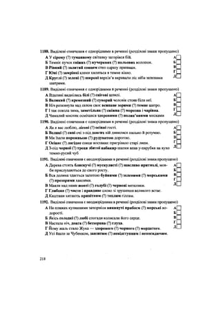 1188. Виділені означення є однорідними в реченні (розділові знаки пропущено)
А У сірому (?) туманному світанку загорівся бій. А
Б Темніє пучок свіжих (?) кучерявих (?) польових волошок. Б
В Рівний (?) залитий сонцем степ одразу принишк. в
Г Юні (?) замріяні клени хиляться в темне вікно. Г
Д Круглі (?) зелені (?) широкі верхів'я вкривали ліс ніби зеленими Д
шатрами.
1189. Виділені означення є однорідними й реченні (розділові знаки пропущено)
А Вдалині виднілись білі (?) снігові шпилі. А
Б Великий (?) кремезний (?) суворий чоловік стояв біля неї. Б
В Ніч розкинула над селом своє всипане зорями (?) темне шатро. в
ГІ так повзла зима, заметільна (?) сніжна (?) морозна і чарівна. Г
Д Чималий мисник осміхався здоровими (?) полив'яними мисками Д
1190. Виділені означення є однорідними в реченні (розділові знаки пропущено)
А Як я вас люблю, лісові (?) осінні гості. А
Б Великі (?) сиві очі з-під довгих вій дивилися пильно й розумно. Б
В Ми їхали порожньою (?) рудуватою дорогою. в
Г Осіннє (?) лагідне сонце востаннє пригрівало старі липи. Г
Д З-під чорної (?) трохи збитої набакир шапки впав у-парубка на вухо Д
темно-русий чуб
1191. Виділені означення є неоднорідними в реченні (розділові знаки пропущено)
А Дерева стоять блискучі (?) мускулясті (?) щасливо притихлі, мов- А
би прислухаються до свого росту. Б
Б Вся долина здається залитою буйними (?) зеленими (?) морськими в
(?) прозорими ХВИЛЯМИ. Г
В Маяли над нами жовті (?) голубі (?) червоні метелики. Д
Г Глибоке (?) чисте і правдиве слово зі зрушення великого встає.
Д Каштани хитають привітним (?) теплим гіллям.
1192. Виділені означення є неоднорідними в реченні (розділові знаки пропущено)
А На пляжах купиннями зачорніли викинуті прибоєм (?) морські во- А
дорості. Б
Б Якісь солодкі (?) любі спогади колисали його серце. в
В Настала ніч, довга (?) беззоряна (?) глуха. г
Г Йому жаль стало Жука — здорового (?) чорного (?) мордатого. Д
Д Усі йшли за Чубенком, завзятим (?) невідступним і непосидючим.
218
 
