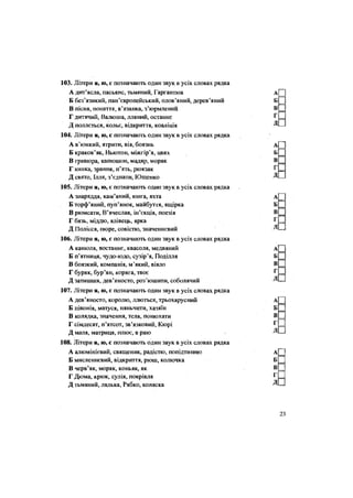 103. Літери я, ю, є позначають один звук в усіх словах рядка
А дит'ясла, пасьянс, тьмяний, Гаргантюа
Б без'язикий, пан'європейський, олов'яний, дерев'яний
В пісня, поняття, в'язанка, з'юрмлений
Г дитячий, Валюша, лляний, останнє
Д поллється, кольє, відкриття, коаліція
104. Літери я, ю, с позначають один звук в усіх словах рядка
А в'юнкий, ятрити, вія, боязнь
Б краков'як, Ньютон, міжгір'я, цвях
В гравюра, капюшон, мадяр, моряк
Г юшка, зрання, п'ять, рюкзак
Д свято, Ілля, з'єднати, Ющенко
105. Літери я, ю, є позначають один звук в усіх словах рядка
А знаряддя, кам'яний, юнга, яхта
Б торф'яний, пуп'янок, майбуття, ящірка
В рюмсати, В'ячеслав, ін'єкція, поезія
Г бязь, міддю, ялівець, ярка
Д Полісся, пюре, совістю, значеннєвий
106. Літери я, ю, є позначають один звук в усіх словах рядка
А канюля, востаннє, квасоля, медвяний
Б п'ятниця, чудо-юдо, сузір'я, Поділля
В боязкий, компанія, м'який, віяло
Г буряк, бур'ян, коряга, твоє
Д затишшя, дев'яносто, роз'юшити, соболячий
107. Літери я, ю, є позначають один звук в усіх словах рядка
А дев'яносто, королю, ллються, трьохярусний
Б півонія, матуся, няньчити, хазяїн
В колядка, значення, теля, понюхати
Г сімдесят, п'ятсот, зв'язковий, Кюрі
Д маля, матриця, плює, в раю
108. Літери я, ю, с позначають один звук в усіх словах рядка
А алюмінієвий, священик, радістю, попідтинню
Б мисленнєвий, відкриття, рюш, колючка
В черв'як, моряк, коньяк, як
Г Дюма, крюк, сулія, покрівля
Д тьмяний, лялька, Рябко, коляска
 