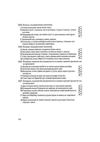 1214. Речення з відокремленим означенням
А Усіяна колосками земля пахне літом. А
Б Зачувши тупіт з глинища, вискочив Карпо, сторож із школи, і подав- Б
ся в поле. ®
В Природжений співак, він любив пісні і в душі пишався своїм артис- ^
тичним хистом. ^
Г Знесилений кінь зупинився, важко дишучи.
Д Ростислав, у солдатській фронтовій шинелі Іванова, і Боженко пос-
пішали тепер до залізничних майстерень.
1215. Речення з відокремленим означенням
А Земля, скована морозом, покрилась білим снігом. А
Б Знесилена горем мати схилилась на бильце канапи і заснула. Б
В Людина високогуманна, Сошенко з піклуванням ставився до Шевченка. В
Г Степ, струснувши з себе росу, горить рівним жовто-зеленим кольором. ^
Д Сухобрусові дочки, Марта й Степанида, були гарні дівчатка. —
1216. Поширене означення не відокремлюється комами в реченні (розділові зна
ки пропущені)
А Людина не позначена любов'ю не зможе звести серця для добра. А
Б Оповитий тишею степ дихав пахощами росяних трав. Б
В Непорушно стоять дерева загорнені в сутінь, рясно вкриті краплис- в
Г
тою росою.
Г Покинута людьми на довгі дні дорога помирає в бур'яні. ^
Д Стояв Тарас на Чернечій горі, осяяний променями Сонця.
1217. Поширене означення не відокремлюється комами в реченні (розділові зна
ки пропущені)
А Дим погаслих вогнів стелиться від гори до гори синіми смугами. А
Б Втомлений нічною біганиною він задрімав, не заплющуючи очей. Б
В Її маленька постать облита м'якою зеленуватою тінню акацій була не- В
звичайно граціозна. Г
Г Через усю Вербівку стеляться сукупні городи та левади не огороджені Д
тинами.
Д Народ покинутий на злидні повинен стратить риси рідні, безслідно
стертися з землі.
224
 