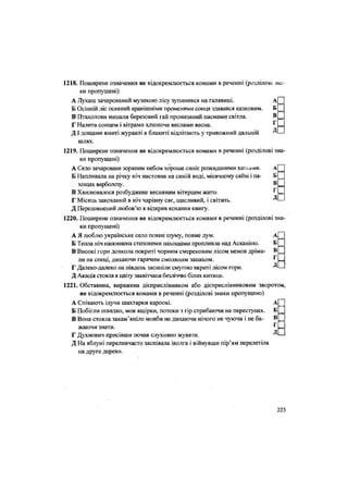 1218. Поширене означення не відокремлюється комами в реченні (розділові зна-
ки пропущені)
А Лукаш зачарований музикою лісу зупинився на галявині. А
Б Осінній ліс осяяний вранішніми променями сонця здавався казковим. Б
В Птахолови минали березовий гай пронизаний пасмами світла. В
Г Налита сонцем і вітрами хлюпоче веслами весна. '
ДІ дощами вмиті журавлі в блакиті відлітають у тривожний дальній Д
шлях.
1219. Поширене означення не відокремлюється комами в реченні (розділові зна-
ки пропущені)
А Село зачароване зоряним небом хороше синіє розкиданими хатками.
Б Напливала на річку ніч настояна на синій воді, місячному сяйві і па- б П
хощах верболозу. в П
В Хвилювалося розбуджене весняним вітерцем жито. г П
Г Місяць закоханий в ніч чарівну сяє, щасливий, і світить. —
Д Переповнений любов'ю я відкрив кохання книгу.
1220. Поширене означення не відокремлюється комами в реченні (розділові зна
ки пропущені)
А Я люблю українське село повне шуму, повне дум. А
Б Тепла ніч наповнена степовими пахощами пропливла над Асканією. Б
В Високі гори довкола покриті чорним смерековим лісом немов дріма- В
ли на спеці, дихаючи гарячим смоляним запахом.
Г Далеко-далеко на південь засиніли смугою вкриті лісом гори. Д
Д Акація стояла в цвіту заквітчана безліччю білих китиць.
1221. Обставина, виражена дієприслівником або дієприслівниковим зворотом
не відокремлюється комами в реченні (розділові знаки пропущено)
А Співають ідучи шахтарки кароокі. А
Б Побігли швидко, мов ящірки, потоки з гір стрибаючи на переступах. Б
В Вона стояла закам'яніло мовби не дихаючи нічого не чуючи і не ба- В
жаючи знати. г
Г Духнович присівши почав слухняно жувати. Д
Д На яблуні переливчасто заспівала іволга і війнувши пір'ям перелетіла
на друге дерево.
225
 