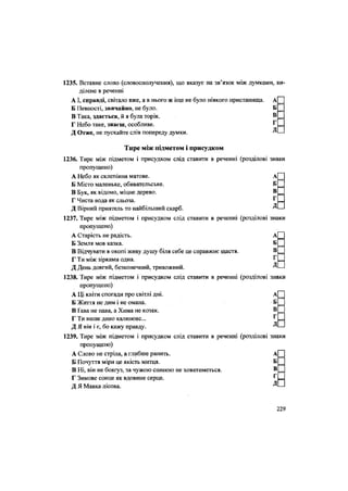 1235. Вставне слово (словосполучення), що вказує на зв'язок між думками, ви-
ділене в реченні
А І, справді, світало вже, а в нього ж іще не було ніякого пристанища. А
Б Певності, звичайно, не було. Б
В Така, здасться, й я була торік. В
Г Небо таке, знаєш, особливе. ^
Д Отже, не пускайте слів попереду думки. Д
Тире між підметом і присудком
1236. Тире між підметом і присудком слід ставити в реченні (розділові знаки
пропущено)
А Небо як склепіння матове.
Б Місто маленьке, обивательське.
В Бук, як відомо, міцне дерево.
Г Чиста вода як сльоза.
Д Вірний приятель то найбільший скарб.
пропущено)
А Старість не радість.
Б Земля мов казка.
В Відчувати в окопі живу душу біля себе це справжнє щастя.
Г Ти між зірками одна.
Д День довгий, безконечний, тривожний.
А
Б
В
Г
д
знаки
А
Б
В
Г
д
знаки
А—
Б
В
Г
д
пропущено)
А Ці квіти спогади про світлі дні.
Б Життя не дим і не омана.
В Ґава не пава, а Хима не козак.
Г Ти наше диво калинове...
Д Я він і є, бо кажу правду.
1239. Тире між підметом і присудком слід ставити в реченні (розділові знаки
пропущено)
А Слово не стріла, а глибше ранить. А
Б Почуття міри це якість митця. Б
В Ні, він не боягуз, за чужою спиною не ховатиметься. В
Г Зимове сонце як вдовине серце. г
Д Я Мавка лісова. Д
229
 