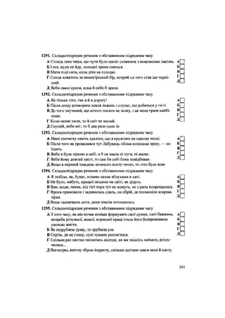 1291. Складнопідрядне речення з обставинним підрядним часу
А Стояла така тиша, що чути було шепіт сніжинок з пожовклим листям
Б І все, куди не йду, холодні трави сняться.
В Мати тоді сита, коли діти не голодні.
Г Сонце ховалось за межигірський бір, котрий од того став ще чорні-
ший.
Д Якби свині крила, вона й небо б зрила.
1292. Складнопідрядне речення з обставинним підрядним часу
А Як тільки літо, так я й в дорогу! А
Б Після дощу розморена земля лежить і слухає, що робиться у світі, Б
В До того змучений, що нічого писати не можу, і це мене гризе найбі- В
льше. 1
Г Коли немає сили, то й світ не милий. Д
Д Скупий, якби міг, то б два рази одно їв.
1293. Складнопідрядне речення з обставинним підрядним часу
А Мені спочатку навіть здалося, що я кружляю на одному місці. А
Б Після того як провалився тут Лабунець обома колесами зразу, — не Б
їздять. В
В Якби я була зіркою в небі, я б не знала НІ туги, ні жалю. г
Г Якби йому довгий хвіст, то сам би собі боки повідбивав. Д
Д Якщо в перший тиждень великого посту тепло, то літо буде ясне
1294. Складнопідрядне речення з обставинним підрядним часу
А Я люблю, як, буває, осінню пахне яблуками в хаті. А
Б Не було, мабуть, кращої людини на світі, як дідусь. Б
В Вже люди, певне, від тієї пори тут не живуть, як з раєм попрощались. В
Г Фрося примовкла і задивилась удаль, на обрій, де пломеніла яскрава Г
зірка. Д
Д Вони танцювали доти, доки зовсім потомились.
1295. Складнопідрядне речення з обставинним підрядним часу
А 3 того часу, як він почав ясніше формувати свої думки, свої бажання, А
потреба розумної, живої, корисної праці стала його безпремінною Б
умовою життя. В
Б Як підрубаєш душу, то зрубаєш усе. Г
В Скрізь, де не гляну, сухі тумани розляглися. Д
Г Скільки раз листки змінились відтоді, як ми звідсіль виїхали, розлу-
чились...
Д Вигострю, виточу зброю іскристу, скільки достане снаги мені й хисту.
241
 