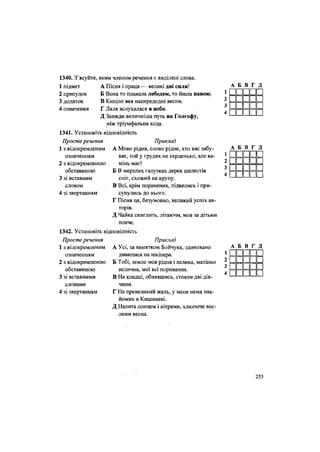 1340. З'ясуйте, яким членом речення є виділені слова.
1 підмет А Пісня і праця — великі дві сили!
2 присудок Б Вона то плавала лебедем, то йшла павою.
3 додаток В Кипіло все напередодні весни.
4 означення Г Ляля вслухалася в небо.
Д Завжди величніша путь на Голгофу,
ніж тріумфальна хода.
1341. Установіть відповідність
Просте речення
1 з відокремленим
означенням
2 з відокремленою
обставиною
3 зі вставним
словом
4 зі звертанням
Просте речення
1 з відокремленим
означенням
2 з відокремленою
обставиною
3 зі вставними
словами
4 зі звертанням
Приклад
А Усі, за винятком Бойчука, здивовано
дивилися на шкіпера.
Б Тобі, земле моя рідна і велика, матінко
велична, мої всі поривання.
В На кладці, обнявшись, стояли дві дів-
чини.
Г На превеликий жаль, у мене нема зна-
йомих в Кишиневі.
Д Налита сонцем і вітрами, хлюпоче вес-
лами весна.
Приклад
А Мово рідна, слово рідне, хто вас забу-
ває, той у грудях не серденько, але ка-
мінь має!
Б В мерзлих галузках дерев шелестів
сніг, схожий на крупу.
В Всі, крім поранених, підвелись і при-
сунулись до нього.
Г Пісня ця, безумовно, великий успіх ав-
торів.
Д Чайка скиглить, літаючи, мов за дітьми
плаче.
1342. Установіть відповідність
2
3
4
А Б В Г Д
ии••
и
п
пп
ил_
І І «
А Б В Г Д
иі_И І _ І _
І ЇЇ І І І
І І І І »
І « І Ч »
А Б В Г Д
пп
и и н
п п п
=
^ _ ц и
и і і
253
 