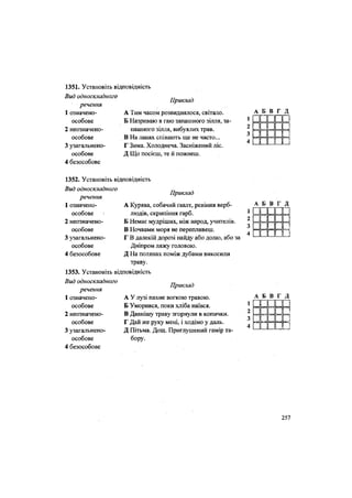 1351. Установіть відповідність
Вид односкладного
речення
1 означено-
особове
2 неозначено-
особове
3 узагальнено-
особове
4 безособове
Приклад
А Тим часом розвиднялося, світало.
Б Назриваю в гаю запашного зілля, за-
пашного зілля, вибуялих трав.
В На ланах співають ще не часто...
Г Зима. Холоднеча. Засніжений ліс.
Д Що посієш, те й пожнеш.
1352. Установіть відповідність
Вид односкладного
речення
1 означено-
особове
Приклад
А Курява, собачий ґвалт, ревіння верб-
людів, скрипіння гарб.
Б Немає мудріших, ніж народ, учителів
В Ночвами моря не перепливеш.
Г В далекій дорозі найду або долю, або
Дніпром ляжу головою.
Д На полянах поміж дубами викосили
траву.
1353. Установіть відповідність
Вид односкладного гт
Приклад
2 неозначено-
особове
3 узагальнено-
особове
4 безособове
речення
1 означено-
особове
2 неозначено-
особове
3 узагальнено
особове
4 безособове
А У лузі пахне вогкою травою.
Б Уморився, поки хліба наївся.
В Давнішу траву згорнули в копички.
Г Дай же руку мені, і ходімо у даль.
Д Пітьма. Дощ. Приглушений гамір та-
бору.
 