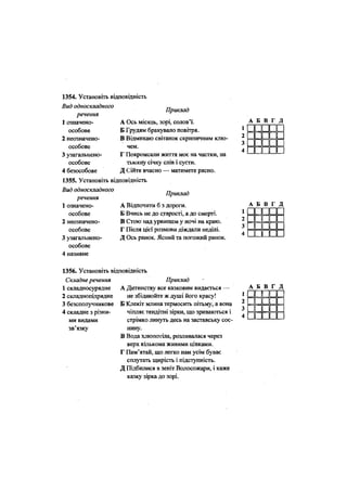 1354. Установіть відповідність
Вид односкладного
речення
1 означено-
особове
Приклад
А Ось місяць, зорі, солов'ї.
Б Грудям бракувало повітря.
2 неозначено- В Відмикаю світанок скрипичним клю-
особове чем.
3 узагальнено- Г Покромсали життя моє на частки, на
особове тьмяну січку слів і суєти.
4 безособове Д Сійте вчасно — матимете рясно.
1355. Установіть відповідність
Вид односкладного
речення
1 означено-
особове
2 неозначено-
особове
Приклад
3 узагальнено-
особове
4 називне
А Відпочити б з дороги.
Б Вчись не до старості, а до смерті.
В Стою над урвищем у ночі на краю.
Г Після цієї розмови діждали неділі.
Д Ось ранок. Ясний та погожий ранок.
1356. Установіть відповідність
Складне речення
1 складносурядне
2 складнопідрядне
3 безсполучникове
4 складне з різни-
ми видами
зв'язку
Приклад
А Дитинству все казковим видається —
не збіднюйте ж душі його красу!
Б Клекіт млина термосить пітьму, а вона
чіпляє тендітні зірки, що зриваються і
стрімко линуть десь на заставську сос-
нину.
В Вода хлюпотіла, розливалася через
верх кількома живими цівками.
Г Пам'ятай, що легко нам усім буває
сплутать щирість і підступність.
Д Підбилися в зеніт Волосожари, і каже
казку зірка до зорі.
 