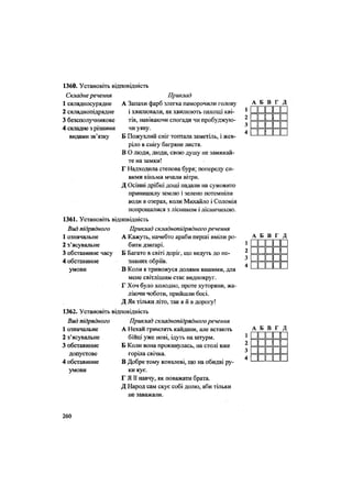 1360. Установіть відповідність
Складне речення
1 складносурядне
2 складнопідрядне
3 безсполучникове
4 Складне з різними
видами зв'язку
Приклад
А Запахи фарб злегка паморочили голову
і хвилювали, як хвилюють пахощі кві-
тів, навіваючи спогади чи пробуджую-
чи уяву.
Б Пожухлий сніг топтала заметіль, і жев-
ріло в снігу багряне листя.
В О люди, люди, свою душу не замикай-
те на замки!
Г Надходила степова буря; попереду си-
вими кіньми мчали вітри.
Д Осінні дрібні дощі падали на сумовито
принишклу землю і зелено потемніли
води в озерах, коли Михайло і Соломія
попрощалися з лісником і лісничихою.
1361. Установіть відповідність
Вид підрядного Приклад складнопідрядного речення
1 означальне А Кажуть, начебто араби перші вміли ро-
бити дзиґарі.
Б Багато в світі доріг, що ведуть до не-
знаних обріїв.
В Коли я тривожуся долями вашими, для
мене світлішим стає виднокруг.
Г Хоч було холодно, проте хуторяни, жа-
ліючи чоботи, прийшли босі.
Д Як тільки літо, так я й в дорогу!
1362. Установіть відповідність
Вид підрядного Приклад складнопідрядного речення
2 з'ясувальне
3 обставинне часу
4 обставинне
умови
1 означальне
2 з'ясувальне
3 обставинне
допустове
4 обставинне
умови
А Нехай гримлять кайдани, але встають
бійці уже нові, ідуть на штурм.
Б Коли вона прокинулась, на столі вже
горіла свічка.
В Добре тому ковалеві, що на обидві ру-
ки кує.
Г Я її навчу, як поважати брата.
Д Народ сам скує собі долю, аби тільки
не заважали.
260
 