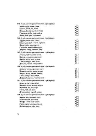 143. В усіх словах приголосні лише глухі в рядку
А кава, мрія, жінка, слава
Б спека, шість, піт, пакет
В трава, береза, порох, свобода
Г саджати, доба, зона, радість
Д сніг, іній, град, хуртовина
144. В усіх словах приголосні лише глухі в рядку
А рукав, слон, гімн, комод
Б замок, символ, ремонт, вересень
В поет, опік, чаша, пастух
Г чоловік, левада, фінал, хрущ
Д принц, комар, барабан, двері
145. В усіх словах приголосні лише глухі в рядку
А шрам, чайник, лити, холод
Б вечір, урок, голос, таємний
В ворог, театр, дощ, вулиця
Г циган, фартух, лан, заєць
Д косити, чашка, стека, котити
146. В усіх словах приголосні лише глухі в рядку
А павич, танець, криниця, місто
Б хмара, прапор, рамка, артист
В преса, атлас, хитрий, джміль
Г коса, фокус, щука, пити
Д кращий, школяр, чистий, лінія
147. В усіх словах приголосні лише глухі в рядку
А шиття, сік, суша, хитати
Б ховрах, згода, молодь, мороз
В додаток, дах, гай, плуг
Г гора, чай, дія, двір
Д число, гімн, чорний, вишня
148. В усіх словах приголосні лише глухі в рядку
А рада, захід, урожай, голос
Б дилема, бак, дуб, згода
В кафе, осика, піст, кошик
Г дім, портрет, кордон, танець
Д діжка, гуркіт, кінь, зима
ЗО
 
