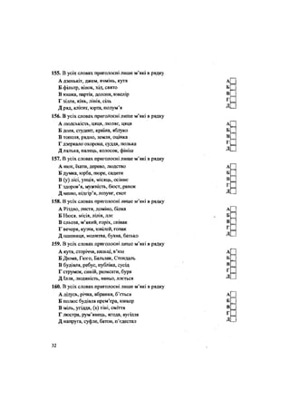 155. В усіх словах приголосні лише м'які в рядку
А дзенькіт, джем, ячмінь, кутя
Б фільтр, вінок, хід, свято
В юшка, партія, долоня, ювелір
Г зілля, кінь, лінія, сіль
Д ряд, клієнт, юрта, полум'я
156. В усіх словах приголосні лише м'які в рядку
А людськість, цяця, люляє, цяця
Б доля, студент, країна, яблуко
В тополя, рядно, земля, оцінка
Г дзеркало охорона, суддя, полька
Д лялька, палець, колосок, фініш
157. В усіх словах приголосні лише м'які в рядку
А нюх, їхати, дерево, людство
Б думка, юрба, пюре, садити
В (у) лісі, унція, місяць, осіннє
Г здоров'я, мужність, бюст, ранок
Д меню, підгір'я, лозунг, єнот
158. В усіх словах приголосні лише м'які в рядку
А Різдво, листя, доміно, білка
Б Нюся, місія, лілія, ллє
В сльоза, м'який, горіх, співак
Г вечеря, кузня, ювілей, гопак
Д пшениця, молитва, буква, батько
159. В усіх словах приголосні лише м'які в рядку
А кутя, сторіччя, пальці, в'юн
Б Дюма, Гюго, Бальзак, Стендаль
В будівля, ребус, публіка, сусід
Г струмок, синій, рюмсати, буря
Д Ілля, людяність, няньо, ллється
160. В усіх словах приголосні лише м'які в рядку
А дідусь, річка, вбрання, б'ється
Б полюс будівля прем'єра, юнкер
В міль, угіддя, (в) тіні, сміття
Г люстра, рум'янець, ягода, вугілля
Д напруга, суфле, батон, п'єдестал
32
 