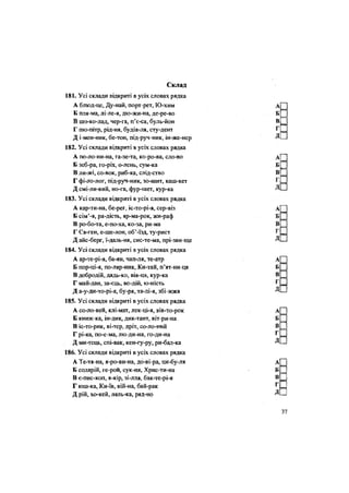 Склад
181. Усі склади відкриті в усіх словах рядка
А блюд-це, Ду-най, порт-рет, Ю-хим
Б пля-ма, лі-ле-я, дю-жи-на, де-ре-во
В шо-ко-лад, чер-га, п'є-са, буль-йон
Г пю-пітр, рід-ня, будів-ля, сту-дент
Д і-мен-ник, бе-тон, під-руч-ник, ін-же-нер
182. Усі склади відкриті в усіх словах рядка
А тіо-ло-ни-на, га-зе-та, ко-ро-ва, сло-во
Б зеб-ра, го-ріх, о-лень, сум-ка
В ли-жі, со-вок, риб-ка, слід-ство
Г фі-ло-лог, під-руч-ник, зо-шит, каш-кет
Д смі-ли-вий, но-га, фур-шет, кур-ка
183. Усі склади відкриті в усіх словах рядка
А кар-ти-на, бе-рег, іс-то-рі-я, сер-віз
Б сім'-я, ра-дість, яр-ма-рок, жи-раф
В ро-бо-та, е-по-ха, ко-за, ри-ма
Г Єв-ген, е-ше-лон, об'-їзд, ту-рист
Д айс-берг, ї-даль-ня, сис-те-ма, прі-зви-ще
184. Усі склади відкриті в усіх словах рядка
А ар-те-рі-я, ба-ян, чап-ля, те-атр
Б пор-ці-я, по-ляр-ник, Ки-тай, п'ят-ни-ця
В добродій, дядь-ко, вів-ця, кур-ка
Г май-дан, за-єць, во-дій, ю-ність
Д а-у-ди-то-рі-я, бу-ря, та-лі-я, збі-жжя
185. Усі склади відкриті в усіх словах рядка
А со-ло-вей, клі-мат, лек-ці-я, вів-то-рок
Б книж-ка, ін-дик, дик-тант, віт-ри-на
В іс-то-рик, ві-тер, дріт, со-ло-ний
Г рі-ка, по-е-ма, лю-ди-на, го-ди-на
Д ми-тець, спі-вак, кен-гу-ру, ри-бал-ка
186. Усі склади відкриті в усіх словах рядка
А Те-тя-на, я-ро-ви-на, до-ві-ра, ци-бу-ля
Б солярій, ге-рой, сук-ня, Хрис-ти-на
В є-пис-коп, я-кір, зі-лля, бак-те-рі-я
Г юш-ка, Ки-їв, вій-на, бай-рак
Д рій, хо-кей, ляль-ка, ряд-но
 
