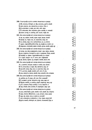 240. Апостроф в усіх словах пишеться в рядку
А М..юнхен, інтерв.ло, Бр..юссель, рутв..яний
Б кап..юшон, зм.-якшити, р..ясно, тім..я
В ф..юзеляж, к..юре, ал..янс, міл..ярд
Г В..ячеслав, пів..ялинки, рум..янець, п..янкий
Д КОМП-.ЮГер, п..юпітр, дит..ясла, черв..як
241. Без апострофа всі слова пишуться в рядку
А цв..ях, мавп..ячий, грав..юра, медв..яний
Б матір..ю, черв..як, св..ященик, мор..як
В ін..єкція, вар..єте, попідгинн..ю, в..ялити
Г транс..європейський, вітр..як, верф..ю, юніст..ю
Д передсв..ятковий, мавп.ячий, духм..яний, арф..яр
242. Без апострофа всі слова пишуться в рядку
А інтер..єр, під..юджувати, порт..єра, пред..явник
Б роз..ятрити, інтерв'ю, возз..єднання, багр..яний
В подвір..я, транс'європейський, ін..єкція
Г п..юре, шерст..ю, Г..ЮГО, дез..інфекція
Д цв..яшок, прем..єр, моркв..яний, посв..ята
243. Без апострофа всі слова пишуться в рядку
Аз..єднати, полум..яний, п..явка, цв..яшок
Б Св..ятослав, п..юре, бр..яжчати, вар..яг
В вестиб..юль, бур..як, п..єдестал, бур..ян
Г Х..юстон, верф .яний, суб..єкт, б..язь
Д дзв..якнути, медв..яний, пор..ядний, пів .ящика
244. Без апострофа всі слова пишуться в рядку
А любов..ю, б..юро, об..єкт, без..язикий
Б б..юджет, розм..якшити, мр..яка, вар..ят
В брукв..яний, п.лопітр, карб..юратор, мад..яр
Г роз..єднати, багр.лний, п..єса, верхів..я
Д гар..ячий, ком.лоніке, б..юрократ, кар..єра
245. Без апострофа всі слова пишуться в рядку
А кон..юнктивіт, рум..яний, тьм..яний, бр..язкати
Б пам..ятати, Монтеск..є, ад..ютант, пор..ядок
В кар..єр, миш..як, р..ядок, р..ясний
Г диз.-юнкція, р..юмсати, з..їзд, трав..янистий
Д рутв..яний, скатерт..ю, трьох..етапний, бур..я
 