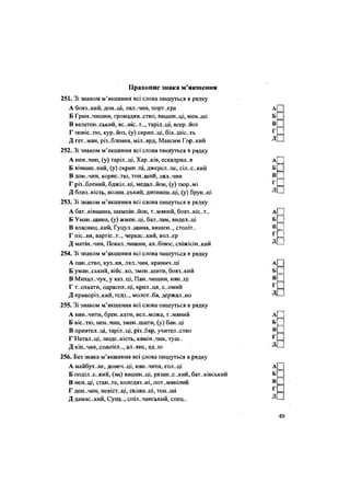 Правопис знака м'якшення
251. Зі знаком м'якшення всі слова пишуться в рядку
А бояз..кий, дон..ці, лял-.чин, порт..єра
Б Грин..чишин, громадян..ство, вишен..ці, мен..ші
В велетен.хький, яс..ніс..т.., таріл..ці, всер..йоз
Г ПОВІС..ТЮ, кур..йоз, (у) скрин..ці, біл..шіс..ть
Д гет..ман, різьблення, мільярд, Максим Гор..кий
252. Зі знаком м'якшення всі слова пишуться в рядку
А нен.лин, (у) таріл..ці, Хар..ків, ескадрил..я
Б вінницький, (у) скрин..ці, джерел..це, сіл..с..кий
В дон..чин, корис..по, тон..ший, ЛЯЛ..ЧИН
Г різ..блений, бджіл..ці, медал..йон, (у) тюр..мі
Д близ..кість, ВОЛИН.ХЬКИЙ, ДИТИНОН..ЦІ, (у) брун..ці
253. Зі знаком м'якшення всі слова пишуться в рядку
А батьківщина, шампін..йон, т..мяний, бояз..кіс..т..
Б Уман..щина, (у)жмен..ці, бал..зам, видел..ці
В власницький, Гуцул..щина, вишен.., століт..
Г піс..ня, вартіс..т.., черкаський, вол..єр
Д матін..чин, Покал..чишин, ал..бінос, свіжісін..кий
254. Зі знаком м'якшення всі слова пишуться в рядку
А пан..ство, куз..ня, лял..чин, кринич..ці
Б уман.хький, війс..ко, змен..шити, бояз..кий
В Михал-.чук, у каз..ці, Пан..чишин, нян..ці
Г т..охкати, парасол..ці, крил..ця, с..омий
Д криворіз.жий, гедз.., молот..ба, держал..но
255. Зі знаком м'якшення всі слова пишуться в рядку
А няньчити, бренькати, вел..можа, т..мяний
Б віс..тю, НЄН..ЧИН, з м е Н ь Ш и т и , (у) бан..ці
В приятел..ці, таріл..ці, різ..бяр, учител.хтво
Г Натал„ці, людс..кість, камін..чик, туш..
Д кін..чик, спанієл.., ал..янс, ад..ю
256. Без знака м'якшення всі слова пишуться в рядку
А м а й б у Т ь Н Є , донеч..ці, нян..чити, гол..ці
Б поділ.ХьКий, (на) вишен..ці, рязан..с..кий, бат..ківський
В нен..ці, стан„те, колодяз..ні, пот„мянілий
Г ДОН..ЧИН, НЄВІСТ..ЦІ, СКЛЯН..ЦІ, ТОН..ШІ
Д дамас..кий, Суец.., спіл„чанський, спец..
 