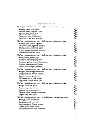 Чергування голосних
271. Чергування голосних о, е з і відбувається в усіх словах рядка
А могти, вівця, колір, гомін
Б кіготь, ніготь, березень, голос
В рівень, борг, тесля, вість
Г вересень, діловий, берег, ліс
Д водопій, осінь, хорт, ковалів
272. Чергування голосних о, е з і відбувається в усіх словах рядка
А лимон, день, розгін, серпанок
Б чесний, возити, брезент, печатка
В батіг, камінь, всюдихід, гусінь
Г чоло, зелень, березовий, мерзнути
Д Петрів, особа, вовк, устрій
273. Чергування голосних о, е з і відбувається в усіх словах рядка
А тіло, черево, ворона, хрін
Б водогін, вісім, пиріг, Прокіп
В молоко, ґречність, водопій, шовковий
Г тепло, вечори,основа, борозна
Д бійся, Київ, смерть, робітник
274. Чергування голосних о, е з і відбувається в усіх словах рядка
А барліг, леміш, черево, веретено
Б ворота, вислів, дерево, шелест
В земля, мороз, вереск, колос
Г Кишинів, потік, удій, дядьків
Д будівник, сторож, вівця, овес
275. Чергування голосних о, с з і відбувається в усіх словах рядка
А торг, Канів, лід, дохід
Б цистерна, вісім, лев, товар
В город, озеро, лелека, талон
Г народ, талон, компостер, огорожа
Д грім, вівця, схід, шість
276. Чергування голосних о, е з і не відбувається в усіх словах рядка
А Федір, колір, іній, джміль
Б поріг, водопій, віск, збір
В колода, береза, борода, зелень
Г хвіст, невід, папір, вислів
Д носити, вересень, борг, шовковий
 
