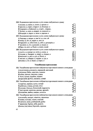 318. Подовження приголосних в усіх словах відбувається в рядку
А мовлен..я, кошен.-я, скоєн-.я, прохан..я А
Б креслення, корін..я парост..ю, безсмерт..я Б
В тверджен..я, буйноквіт..я, сторіч.., піддаш.. В
Г безчест..я, клун..я, відкриттів, повнолітня г
Д бездоріж..я, варен..я, засил..я, прохан..я Д
319. Подовження приголосних в усіх словах відбувається в рядку
А Заполярья, завдан-.я, пам'ят..ю, стат..ей А
Б матір..ю, піч..ю, марен..я, лют..ю Б
В передміст..я, зобов'язання, узбіч..я, роздоріж..я В
Г звеличен..я, гіл..я, розумін..я, відлун..я ^
Д Прус..ія, КЛОЧ..Я, Поділ..Я, ПОДІЛ-СЬКИЙ Д
320. Подовження приголосних в усіх словах відбувається в рядку
А сум'ят.,я, скатерт..ю, хотін..я, колос..я А
Б існуван..я, Закарпаття, півріч..я, піддаш..я Б
В ТИСЯЧОЛІТ..Я, лист..я, ріл..я, Поліс..я в
Г мислен-я, узбереж..я, гордин..я, суд..я '
Д подвір..я, зіл..я, бадил..я, порос..я Д
Уподібнення приголосних
321. Уподібнення приголосних відбувається при вимові кожного слова рядка
А полегшення, розкласти, справжній, житловий а| |
Б вітчизна, Рябко, двигтить, зсипати Б Ц
В зубки, ідеться, зчистити, ложка в Ц
Г чесні, кузька, коробки, зцідити г П
Д коротший, футбол, пасешся, сліпий —І
322. Уподібнення приголосних відбувається при вимові кожного слова рядка
А коритце, доріжка, кузня, легкий А
Б робиться, стежка, розчин, нігті Б
В солодко, близько, безшовний, перемогти В
Г (на) грушці, камінчик, рюкзак, просьба ^
Д покажчик, шибка, швидко, вогкість Д
323. Уподібнення приголосних відбувається при вимові кожного слова рядка
А молотьба, анекдот, ніжність, зжалитись А
Б ложка, колодка, зшити, освітній Б
В смієшся, казка, розбещений, рубка В
Г принісши, берізка, якби, радість 1
Д казка, (на) ніжці, боротьба, сережка ^
62
 