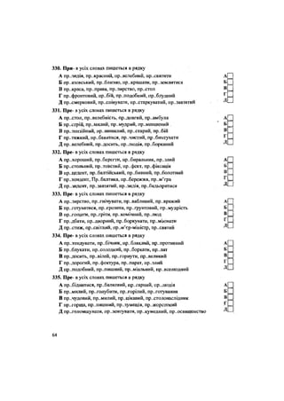 330. При- в усіх словах пишеться в рядку
А пр-.зидія, пр..красний, превелебний, пр..святити
Б пр..азовський, приблизно, пр..крашати, приземлитися
В пр..краса, пр..права, пр.лирство, пр..стол
Г пр..фронтовий, пр..бій, пр.лодобний, пр..блудний
Д присмерковий, приспівувати, пр.хтаркуватий, пр..завзятий
331. Пре- в усіх словах пишеться в рядку
А пр..стол, пр..велебність, пр..довгий, пр..амбула
Б пр..сгрій, пр..милий, пр..мудрий, пр..меншений
В претензійний, пр..нишклий, пр..старий, пр..бій
Г пр..тяжкий, пр..бавитися, пр..чистий, прибинтувати
Д превелебний, пр..досить, пр..людія, приборканий
332. Пре- в усіх словах пишеться в рядку
А пр..хороший, пр..берегти, прибиральник, пр..злий
Б престольний, пр..тоВстий, префект, пр..фіксація
В пр„цедент, пр..балтійський, пр..бивний, пр„болотний
Г претендент, Пр..балтика, пр„бережжя, пр..м'єра
Д президент, пр-.завзятий, пр..зидія, пр..бадьоритися
333. Пре- в усіх словах пишеться в рядку
А презирство, пр..гнічувати, пр..вабливий, пр..вражий
Б пр..готуватися, пр..грозити, пр..ґрунтовий, пр..мудрІсть
В пр„гощати, пр„гріти, пр..комічний, пр..люд
Г пр..дбати, придворний, пр..боркувати, преміювати
Д пр..стиж, ПреСВІТЛИЙ, прем'єр-міністр, ПреСВЯТИЙ
334. Пре- в усіх словах пишеться в рядку
А претендувати, пр..бічник, пр..бляклий, пр..противний
Б пр..блукати, пр.холодкий, пр.,боркати, пр..лат
В пр..досить, пр..вілей, пр..горнути, пр„великий
Г пр..дорогий, префектура, пр..парат, пр..злий
Д пр-.подобний, пр..пишний, пр..міальний, пр..вселюдний
335. Пре- в усіх словах пишеться в рядку
А пр..біднятися, пр..балковий, пр..гарний, пр„людія
Б пр..милий, пр..голубити, пр..горілий, пр..готування
В пр..чудовий, пр„милий, пр..цікавий, пр..столонаслідник
Г прегорща, пр..пишний, пр..зумпція, пр„жорстокий
Д приголомшувати, пр..зентувати, пр..кумедний, пр..освященство
64
 