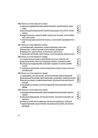366. Разом усі слова пишуться в рядку
А лікувально/профілактичний, широко/відомий, тонно/кілометр, терно/ д(
слива Б Д
Б архітектурно/планувальний, північно/морський, легко/атлет, гучно/ В
ЕІ
мовець г П
В макро/економіка, важко/хворий, східно/слов'янський, золото/добув-
ний, синьо/окий
Г північно/західний, мистецтво/знавець, глухо/німий, внутрішньо/вен-
ний
367. Разом усі слова пишуться в рядку
А єдино/кровний, ломи/камінь, кумисо/лікування, листо/пад А З
Б праце/люб, глибоко/думний, міні/спідниця, пік/аркуша Б _]
В пройди/світ, дизель/мотор, контр/наступ, креп/сатин В Ш
Г високо/авторитетний, само/учитель, азотно/водневий, радіо/нукліди ^ СИ
368. Разом усі слова пишуться в рядку
А історико/педагогічний, сніжно/білий, лісо/степ, мікро/об'єкт А ^
Б красно/мовний, атомо/хід, літературо/знавець, машино/писний Б
В повітро/охолоджувальний, водо/грай, гіркувато/солоний, шибай/ в П
голова
Г зовнішньо/політичний, загально/науковий, кіловат/година, культур-
но/побутовий
369. Разом усі слова пишуться в рядку
А земле/рийка, авто/шляховий, легко/розчинний, машино/будівний АР""]
Б матеріально/технічний, три/поверховий, супер/зірка, душевно/хворий Б
В взасмо/вигідний, столярно/механічний, військово/польовий, багато/ В |
мовний Г П
Г внутрішньо/атомний, суспільно/корисний, багато/разовий, унтер/-
офіцер
370. Разом усі слова пишуться в рядку
А матеріально/відповідальний, вище/згаданий, різно/складовий, червоно/ а[~~|
чорний БІ І
Б військово/інженерний, шістнадцяти/річчя, кислувато/солодкий, ам- В[ ]
пер/метр Г
П
В темно/зелений, мало/знайомий, військово/службовець, хлібо/роб
Г право/бережний, карко/ломний, внутрішньо/галузевий, високо/про-
фесійний
70
 
