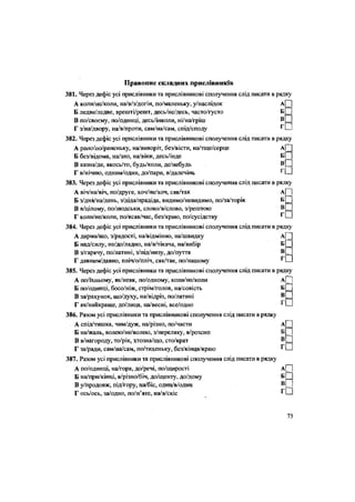Правопис складних прислівників
381. Через дефіс усі прислівники та прислівникові сполучення слід писати в рядку
••
•
•
••
А коли/не/коли, на/в/з/догін, по/маленьку, у/наслідок А
Б ледве/ледве, врешті/решт, десь/не/десь, часто/густо Б
В по/своєму, по/Одинці, десь/інколи, ні/на/гріш В
Г з/на/двору, на/в/проти, сам/на/сам, спід/споду г
382. Через дефіс усі прислівники та прислівникові сполучення слід писати в рядку
А рано/по/раненьку, на/виворіт, без/вісти, на/тще/серце Аі
Б без/відома, на/зло, на/віки, десь/інде Б
В казна/де, якось/то, будь/коли, де/небудь В П
Г в/нічию, одним/один, до/пари, в/далечінь
383. Через дефіс усі прислівники та прислівникові сполучення слід писати в рядку
А віч/на/віч, по/друге, хоч/не/хоч, сяк/так А
Б з/дня/на/день, з/діда/прадіда, видимо/невидимо, по/за/торік Б ^
В в/цілому, по/людськи, слово/в/слово, з/рештою В
Г коли/не/коли, по/всяк/час, без/краю, по/сусідству г
384. Через дефіс усі прислівники та прислівникові сполучення слід писати в рядку
А дарма/що, з/радості, на/відмінно, на/швидку
Б над/силу, не/до/ладно, на/в/тікача, на/вибір Б[_
В з/гарячу, по/латині, з/під/низу, до/пуття в П
Г давним/давно, пліч/о/пліч, сяк/так, по/нашому г П
385. Через дефіс усі прислівники та прислівникові сполучення слід писати в рядку
А по/їхньому, як/неяк, по/одному, коли/не/коли АІ І
Б по/одинці, босо/ніж, стрім/голов, на/совість б Ц
В за/рахунок, що/духу, на/відріз, по/латині в П
Г як/найкраще, до/лиця, на/весні, все/одно
386. Разом усі прислівники та прислівникові сполучення слід писати в рядку
А спід/тишка, чим/дуж, на/різно, по/части А
Б на/жаль, волею/не/волею, з/переляку, в/розсип Б
В в/нагороду, то/рік, хтозна/що, сто/крат В
Г за/ради, сам/на/сам, по/тихеньку, без/кінця/краю
387. Разом усі прислівники та прислівникові сполучення слід писати в рядку
А по/одинці, на/гора, до/речі, по/щирості А| |
Б на/при/кінці, в/різно/біч, до/'щенту, до/дому б П
В у/продовж, під/гору, на/біс, один/в/один
Г ось/ось, за/одно, по/п'яте, на/в/скіс
г П
Г
••
Г П
73
 