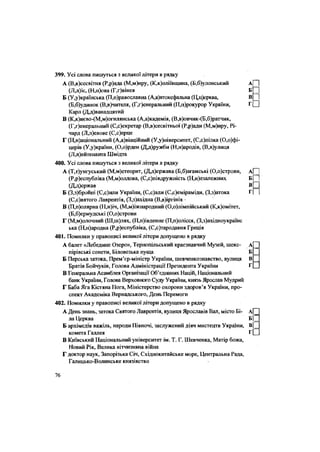 399. Усі слова пишуться з великої літери в рядку
А (В,в)сесвітня (Р,р)ада (М,м)иру, (К,к)оліївщина, (Б,б)улонсысий а| |
(Л,л)іс, (Н,н)ова (Г,г)вінея Б| |
Б (У,у)країнська (П,п)равославна (А,а)втокефальна (Ц,ц)ерква, В| |
(Б,б)удинок (В,в)чителя, (Г,генеральний (П,п)рокурор України, г П
Карл (Д,д)ванадцятий
В (К,к)иєво-(М,м)огилянська (А,а)кадемія, (В,в)овчик-(Б,б)ратчик,
(Г,Генеральний (С,с)екретар (В,в)сесвітньої (Р,р)ади (М,м)иру, Рі-
чард (Л,л)евовс (С,с)ерце
Г (Н,національний (А,а)віаційний (У,у)ніверситет, (С,с)нілка (О,офі-
церів (У,у)країни, (0,о)рден (Д,д)ружби (Н,н)ародів, (В,в)улиця
(Л,л)ейтенанта Шмідта
400. Усі слова пишуться з великої літери в рядку
А (Т,Тунгуський (М,м)етеорит, (Д,д)ержава (Б,б)агамські (О,о)строви, а| |
(Р,р)еспубліка (М,м)олдова, (С,с)півдружність (Н,н)езалежних Б[~~|
(Д,д)ержав в П
Б (3,з)бройні (С,с)или України, (С,с)ади (С,с)еміраміди, (3,з)атока Г | 1
(С,с)вятого Лаврентія, (3,з)ахідна (В,в)іргінія •
В (П,п)олярна (Н,н)іч, (М,м)іжнародний (О,о)лімпійський (К,к)омітет,
(Б,б)ермудські (0,о)строви
Г (М,м)олочний (Ш,ш)лях, (П,п)івденне (П,п)олісся, (3,з)ахідноукраїнс
ька (Н,н)ародна (Р,республіка, (С.с)тародавня Греція
401. Помилки у правописі великої літери допущено в рядку
А балет «Лебедине Озеро», Тернопільський краєзнавчий Музей, шекс- А[
пірівські сонети, Біловезька пуща Б
Б Перська затока, Прем'єр-міністр України, шевченкознавство, вулиця В
Братів Бойчуків, Голова Адміністрації Президента України Г
В Генеральна Асамблея Організації Об'єднаних Націй, Національний
банк України, Голова Верховного Суду України, князь Ярослав Мудрий
Г Баба Яга Кістяна Нога, Міністерство охорони здоров'я України, про-
спект Академіка Вернадського, День Перемоги
402. Помилки у правописі великої літери допущено в рядку
А День знань, затока Святого Лаврентія, вулиця Ярославів Вал, місто Бі-
ла Церква Б|
Б архімедів важіль, народи Півночі, заслужений діяч мистецтв України, В|
комета Галлея Г
В Київський Національний університет ім. Т. Г. Шевченка, Матір божа,
Новий Рік, Велика вітчизняна війна
Г доктор наук, Запорізька Січ, Східнокитайське море, Центральна Рада,
Галицько-Волинське князівство
 