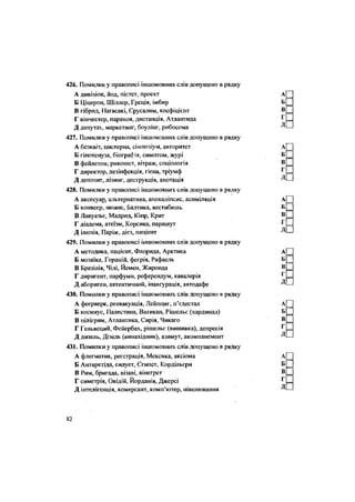 426. Помилки у правописі іншомовних слів допущено в рядку
А дивізіон, йод, пієтет, проект
Б Ціцерон, Шіллер, Греція, Імбир
В гібрид, Нагасакі, Єрусалим, коефіцієнт
Г вінчестер, параноя, дистанція, Атлантида
Д депутат, маркетинг, боулінг, рибосома
427. Помилки у правописі іншомовних слів допущено в рядку
А безквіт, цистерна, сімпозіум, авторитет
Б гіпотенуза, біографія, симптом, журі
В фейлетон, рикошет, вітраж, соціологія
Г директор, дезінфекція, гієна, тріумф
Д депозит, лізинг, деструкція, анотація
428. Помилки у правописі іншомовних слів допущено в рядку
А аксесуар, альтернатива, апокаліпсис, асиміляція
Б конвеєр, нюанс, Балтика, вестибюль
В Лавуазье, Мадрид, Кіпр, Крит
Г діадема, атеїзм, Корсика, парашут
Д ілюзія, Паріж, дієз, пацієнт
429. Помилки у правописі іншомовних слів допущено в рядку
А методика, пацієнт, Флорида, Арктика
Б мозаїка, Горацій, феєрія, Рафаель
В Бразілія, Чілі, Йемен, Жиронда
Г диригент, парфуми, референдум, кавалерія
Д абориген, автентичний, інавгурація, автодафе
430. Помилки у правописі іншомовних слів допущено в рядку
А феєрверк, реевакуація, Лейпциг, п'єдестал
Б косинус, Палестина, Ватикан, Рішельє (кардинал)
В пілігрим, Атлантика, Сирія, Чикаго
Г Гельвеций, Фейербах, рішельє (вишивка), депресія
Д дизель, Дізель (винахідник), азимут, акомпанемент
431. Помилки у правописі іншомовних слів допущено в рядку
А флегматик, реєстрація, Мексика, аксіома
Б Антарктіда, силует, Єгипет, Кордільєри
В Рим, бригада, візаві, вінегрет
Г симетрія, Овідій, Йорданія, Джерсі
Д інтелігенція, комерсант, комп'ютер, нівелювання
82
 