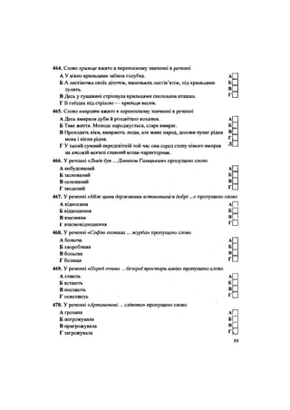 464. Слово крильце вжито в переносному значенні в реченні
А У вікно крильцями забила голубка.
Б А ластівочка своїх діточок, маленьких ластів'яток, під крильцями
тулить.
В Десь у гущавині стріпнула крильцями сполохана пташка.
Г В гніздах під стріхою — крильця весни.
465. Слово вмирати вжито в переносному значенні в реченні
А Десь вмирали дуби й розцвітало кохання. А
Б Таке життя. Молоде народжується, старе вмирає. Б
В Проходять віки, вмирають люди, але живе народ, допоки лунає рідна В
мова і пісня рідна, г
Г У тихий сумний передсвітній той час сам серед степу німого вмирав Д
на високій могилі славний козак-характерник.
466. У реченні «Львів був ... Данилом Галицьким» пропущено слово
А побудований А
Б заснований Б
В оснований В
Г зведений Г
467. У реченні«Між і{ими державами встановилися добрі...» пропущено слово
А відносини а[~~]
Б відношення Б Ц
В взаємини в П
1 взаємовідношення г П
468. У реченні «Софію охопила... журба» пропущено слово
А болюча А
Б хвороблива Б
В больова в
Г боляща Г
469. У реченні «Перед очима ... безкраї простори ланів» пропущено слово
А стають А
Б встають Б
В постають В
Г повстають г
470. У реченні «Артамонові... сліпота» пропущено слово
А грозила А П
Б погрожувала бГ~і
В пригрожувала в П
Г загрожувала г
О
••••
 