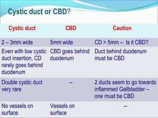 Cystic duct or CBD?
Cystic duct CBD Caution
2 – 3mm wide 5mm wide CD > 5mm – Is it CBD?
Even with low cystic
duct insertion, CD
rarely goes behind
duodenum
CBD goes behind
duodenum
Duct behind duodenum
must be CBD
Double cystic duct
very rare
-- 2 ducts seem to go towards
inflammed Gallbladder –
one must be CBD
No vessels on
surface
Vessels on
surface
--
 