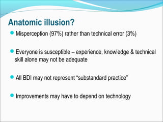 Anatomic illusion?
Misperception (97%) rather than technical error (3%)
Everyone is susceptible – experience, knowledge & technical
skill alone may not be adequate
All BDI may not represent “substandard practice”
Improvements may have to depend on technology
 