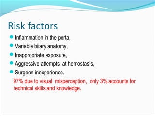 Risk factors
Inflammation in the porta,
Variable biiary anatomy,
Inappropriate exposure,
Aggressive attempts at hemostasis,
Surgeon inexperience.
97% due to visual misperception, only 3% accounts for
technical skills and knowledge.
 