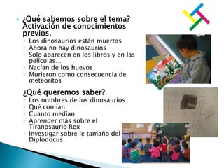  ¿Qué sabemos sobre el tema?
Activación de conocimientos
previos.
◦ Los dinosaurios están muertos
◦ Ahora no hay dinosaurios
◦ Solo aparecen en los libros y en las
películas…
◦ Nacían de los huevos
◦ Murieron como consecuencia de
meteoritos
¿Qué queremos saber?
◦ Los nombres de los dinosaurios
◦ Qué comían
◦ Cuanto medían
◦ Aprender más sobre el
Tiranosaurio Rex
◦ Investigar sobre le tamaño del
Diplodocus
 