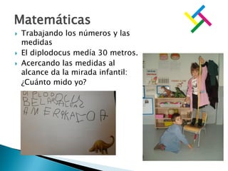  Trabajando los números y las
medidas
 El diplodocus medía 30 metros.
 Acercando las medidas al
alcance da la mirada infantil:
¿Cuánto mido yo?
Matemáticas
 