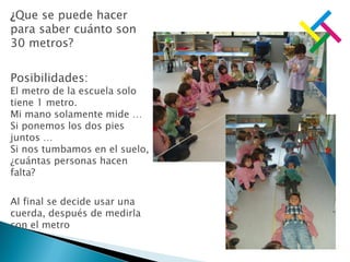 ¿Que se puede hacer
para saber cuánto son
30 metros?
Posibilidades:
El metro de la escuela solo
tiene 1 metro.
Mi mano solamente mide …
Si ponemos los dos pies
juntos …
Si nos tumbamos en el suelo,
¿cuántas personas hacen
falta?
Al final se decide usar una
cuerda, después de medirla
con el metro
 
