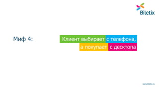 www.biletix.ru
Миф 4: с телефона,Клиент выбирает
с десктопаа покупает
 