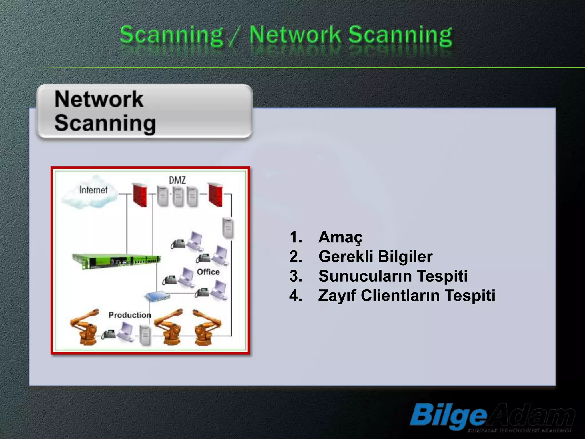1.   Amaç
2.   Gerekli Bilgiler
3.   Sunucuların Tespiti
4.   Zayıf Clientların Tespiti
 