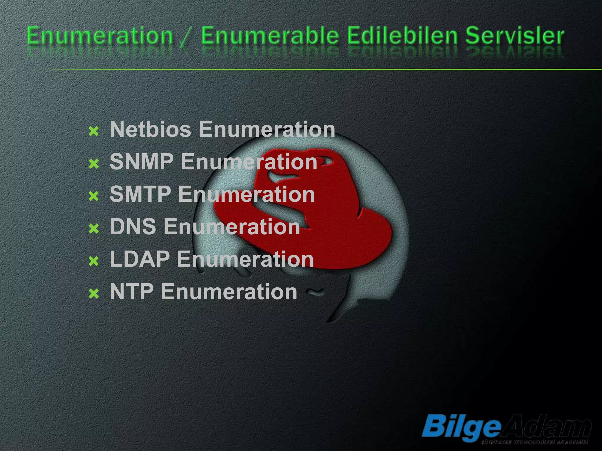    Netbios Enumeration
   SNMP Enumeration
   SMTP Enumeration
   DNS Enumeration
   LDAP Enumeration
   NTP Enumeration
 