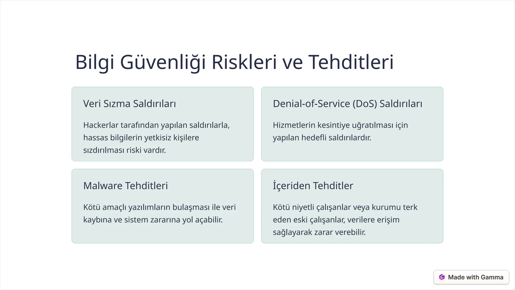 Bilgi Güvenliği Riskleri ve Tehditleri
Veri Sızma Saldırıları
Hackerlar tarafından yapılan saldırılarla,
hassas bilgilerin yetkisiz kişilere
sızdırılması riski vardır.
Denial-of-Service (DoS) Saldırıları
Hizmetlerin kesintiye uğratılması için
yapılan hedefli saldırılardır.
Malware Tehditleri
Kötü amaçlı yazılımların bulaşması ile veri
kaybına ve sistem zararına yol açabilir.
İçeriden Tehditler
Kötü niyetli çalışanlar veya kurumu terk
eden eski çalışanlar, verilere erişim
sağlayarak zarar verebilir.
 