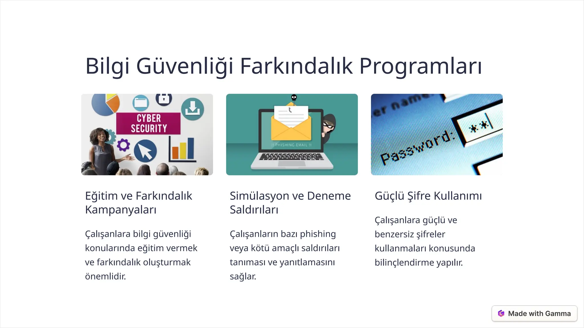 Bilgi Güvenliği Farkındalık Programları
Eğitim ve Farkındalık
Kampanyaları
Çalışanlara bilgi güvenliği
konularında eğitim vermek
ve farkındalık oluşturmak
önemlidir.
Simülasyon ve Deneme
Saldırıları
Çalışanların bazı phishing
veya kötü amaçlı saldırıları
tanıması ve yanıtlamasını
sağlar.
Güçlü Şifre Kullanımı
Çalışanlara güçlü ve
benzersiz şifreler
kullanmaları konusunda
bilinçlendirme yapılır.
 