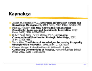 Kaynakça
 Joseph M. Firestone Ph.D., Enterprise Information Portals and
 Knowledge Management, KMCI Press, 2002, ISBN: 0750674741
 Mark W. McElroy, The New Knowledge Management -
 Complexity, Learning, and Sustainable Innovation, KMCI
 Press, 2002, ISBN: 0750676086
 Hubert Saint-Onge, Debra Wallace Ph.D, Leveraging
 Communities of Practice for Strategic Advantage, 2002,
 ISBN: 075067458X
 Verna Allee, The Future of Knowledge - Increasing Prosperity
 through Value Networks, 2002, ISBN: 0750675918
 Etienne Wenger, Richard McDermott, William M. Snyder,
 Cultivating Communities of Practice, Harvard Business School
 Press, 2002, ISBN: 1578513308




                     Stratek, 2005 - SATEM - Bilgi Yönetimi      3/64
 