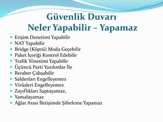 Güvenlik Duvarı 
Neler Yapabilir – Yapamaz 
 Erişim Denetimi Yapabilir 
 NAT Yapabilir 
 Bridge (Köprü) Moda Geçebilir 
 Paket İçeriği Kontrol Edebilir 
 Trafik Yönetimi Yapabilir 
 Üçüncü Parti Yazılımlar İle 
 Beraber Çalışabilir 
 Saldırıları Engelleyemez 
 Virüsleri Engelleyemez 
 Zayıflıkları Saptayamaz, 
 Yamalayamaz 
 Ağlar Arası İletişimde Şifreleme Yapamaz 
 