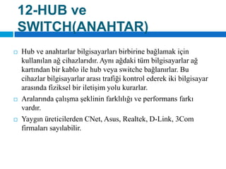12-HUB ve SWITCH(ANAHTAR)Hub ve anahtarlar bilgisayarları birbirine bağlamak için kullanılan ağ cihazlarıdır. Aynı ağdaki tüm bilgisayarlar ağ kartından bir kablo ile hub veya switche bağlanırlar. Bu cihazlar bilgisayarlar arası trafiği kontrol ederek iki bilgisayar arasında fiziksel bir iletişim yolu kurarlar.Aralarında çalışma şeklinin farklılığı ve performans farkı vardır.Yaygın üreticilerden CNet, Asus, Realtek, D-Link, 3Com firmaları sayılabilir.