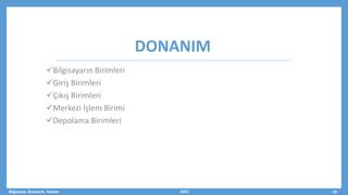DONANIM
Bilgisayarın Birimleri
Giriş Birimleri
Çıkış Birimleri
Merkezi İşlem Birimi
Depolama Birimleri
Bilgisayar, Donanım, Yazılım 2021 10
 