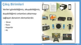 Verileri görebildiğimiz, okuyabildiğimiz,
duyabildiğimiz ortamlara aktarmayı
sağlayan donanım elemanlarıdır.
 Ekran
Yazıcı
Hoparlör
vb.
Bilgisayar, Donanım, Yazılım 2021 14
Çıkış Birimleri
 