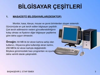 BİLGİSAYAR ÇEŞİTLERİ MASAÜSTÜ BİLGİSAYARLAR(DESKTOP) Monitor, kasa, klavye, mouse ve çevre birimlerden oluşan sistemdir. Günümüzde en çok tercih edilen bilgisayar çeşididir. Çok tercih edilmesinin nedeni güncellenebilirliğinin kolay olması ve fiyatının diğer bilgisayar çeşitlerine göre daha uygun olmasıdır. Örneğin;  64 MB lık bir ekran kartına sahip olan kullanıcı, ihtiyacına göre kullandığı ekran kartını, 256 MB’lık bir ekran kartıyla değiştirebilir. Böylece günümüzdeki bazı programları ve oyunları daha verimli olarak çalıştırabilir. BAŞAKŞEHİR 2. ETAP İSMEK 