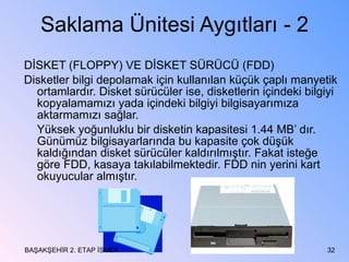 Saklama Ünitesi Aygıtları - 2 DİSKET (FLOPPY) VE DİSKET SÜRÜCÜ (FDD) Disketler bilgi depolamak için kullanılan küçük çaplı manyetik ortamlardır. Disket sürücüler ise, disketlerin içindeki bilgiyi kopyalamamızı yada içindeki bilgiyi bilgisayarımıza aktarmamızı sağlar. Yüksek yoğunluklu bir disketin kapasitesi 1.44 MB’ dır. Günümüz bilgisayarlarında bu kapasite çok düşük kaldığından disket sürücüler kaldırılmıştır. Fakat isteğe göre FDD, kasaya takılabilmektedir. FDD nin yerini kart okuyucular almıştır. BAŞAKŞEHİR 2. ETAP İSMEK 