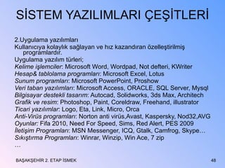 SİSTEM YAZILIMLARI ÇEŞİTLERİ 2.Uygulama yazılımları  Kullanıcıya kolaylık sağlayan ve hız kazandıran özelleştirilmiş programlardır. Uygulama yazılım türleri; Kelime işlemciler : Microsoft Word, Wordpad, Not defteri, KWriter Hesap& tablolama programları : Microsoft Excel, Lotus Sunum programları : Microsoft PowerPoint, Proshow Veri taban yazılımları : Microsoft Access, ORACLE, SQL Server, Mysql Bilgisayar destekli tasarım : Autocad, Solidworks, 3ds Max, Architech Grafik ve resim : Photoshop, Paint, Coreldraw, Freehand, illustrator Ticari yazılımlar : Logo, Eta, Link, Micro, Orca Anti-Virüs programları : Norton anti virüs,Avast, Kaspersky, Nod32,AVG Oyunlar:  Fifa 2010, Need For Speed, Sims, Red Alert, PES 2009 İletişim Programları : MSN Messenger, ICQ, Gtalk, Camfrog, Skype… Sıkıştırma Programları : Winrar, Winzip, Win Ace, 7 zip … BAŞAKŞEHİR 2. ETAP İSMEK 