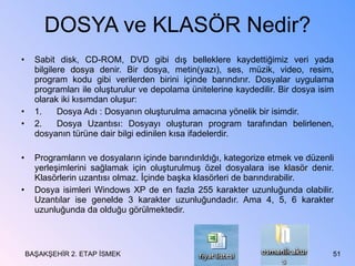 DOSYA ve KLASÖR Nedir? Sabit disk, CD-ROM, DVD gibi dış belleklere kaydettiğimiz veri yada bilgilere  dosya  denir. Bir dosya, metin(yazı), ses, müzik, video, resim, program kodu gibi verilerden birini içinde barındırır. Dosyalar uygulama programları ile oluşturulur ve depolama ünitelerine kaydedilir. Bir dosya isim olarak iki kısımdan oluşur: 1. Dosya Adı : Dosyanın oluşturulma amacına yönelik bir isimdir. 2. Dosya Uzantısı: Dosyayı oluşturan program tarafından belirlenen, dosyanın türüne dair bilgi edinilen kısa ifadelerdir. Programların ve dosyaların içinde barındırıldığı, kategorize etmek ve düzenli yerleşimlerini sağlamak için oluşturulmuş özel dosyalara ise  klasör  denir. Klasörlerin uzantısı olmaz. İçinde başka klasörleri de barındırabilir. Dosya isimleri Windows XP de en fazla 255 karakter uzunluğunda olabilir. Uzantılar ise genelde 3 karakter uzunluğundadır. Ama 4, 5, 6 karakter uzunluğunda da olduğu görülmektedir. BAŞAKŞEHİR 2. ETAP İSMEK 