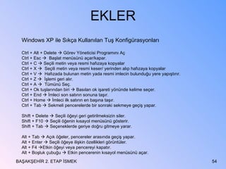 EKLER BAŞAKŞEHİR 2. ETAP İSMEK Windows XP ile Sıkça Kullanılan Tuş Konfigürasyonları Ctrl + Alt + Delete    Görev Yöneticisi Programını Aç Ctrl + Esc     Başlat menüsünü açar/kapar. Ctrl + C    Seçili metin veya resmi hafızaya kopyalar Ctrl + X     Seçili metin veya resmi keser/ yerinden alıp hafızaya kopyalar Ctrl + V     Hafızada bulunan metin yada resmi imlecin bulunduğu yere yapıştırır. Ctrl + Z     İşlemi geri alır. Ctrl + A     Tümünü Seç. Ctrl + Ok tuşlarından biri    Basılan ok işareti yönünde kelime seçer. Ctrl + End    İmleci son satırın sonuna taşır. Ctrl + Home    İmleci ilk satırın en başına taşır. Ctrl + Tab    Sekmeli pencerelerde bir sonraki sekmeye geçiş yapar. Shift + Delete    Seçili öğeyi geri getirilmeksizin siler. Shift + F10    Seçili öğenin kısayol menüsünü gösterir. Shift + Tab    Seçeneklerde geriye doğru gitmeye yarar. Alt + Tab    Açık öğeler, pencereler arasında geçiş yapar. Alt + Enter    Seçili öğeye ilişkin özellikleri görüntüler. Alt + F4   Etkin öğeyi veya pencereyi kapatır. Alt + Boşluk çubuğu    Etkin pencerenin kısayol menüsünü açar. 